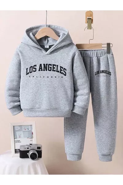 Gray Hooded Kids Printed Tracksuit Unisex