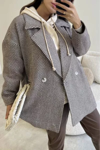 معطف قصير مبطن بتصميم سمكة السلمون باللون البني والكريمي، مقاس كبير قياسي