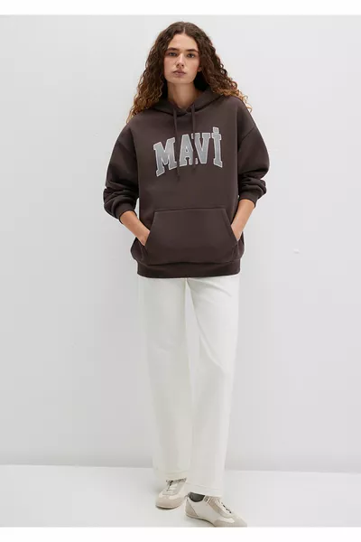 Brown Hoodie Sweatshirt with Logo Print 