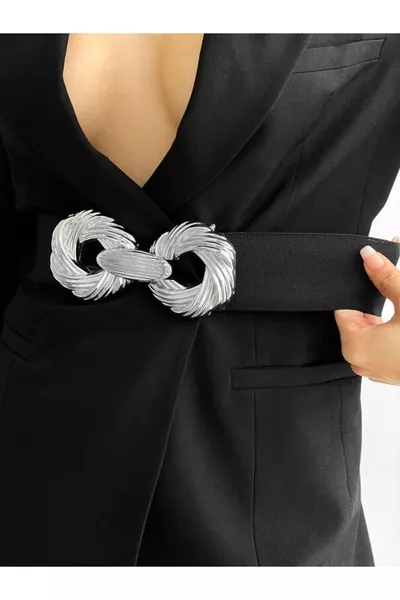 Damenelastikgürtel mit silberner Schnalle, Jackengürtel, Hemdengürtel, Kleidgürtel