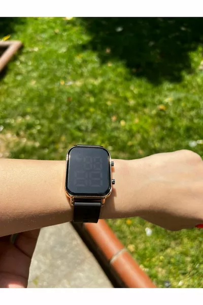 Women's Rose Gold Case Silicone Black Strap Digital LED Wristwatch