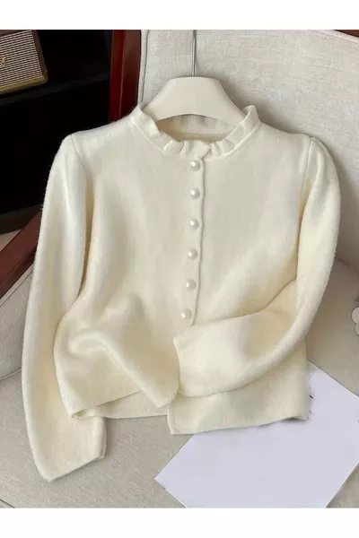 كارديغان صوفي كريمي ناعم للنساء مع خرز