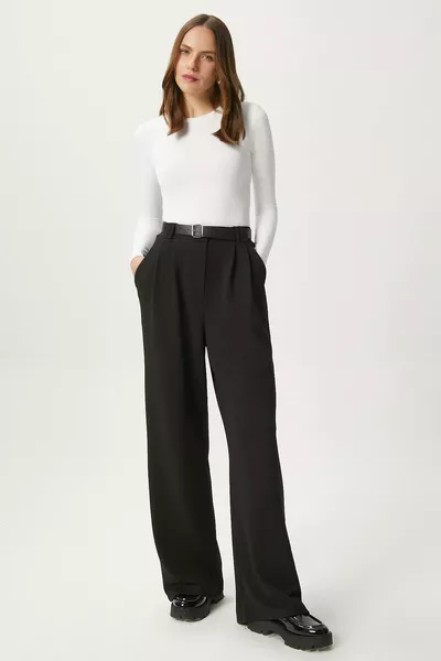 بنطال بالازو أسود من ليكرا للنساء بحزام رينا