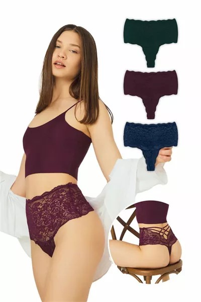 Women's High-Waist Thong with Lace Elastic Detail 3-Pack Underwear - 2