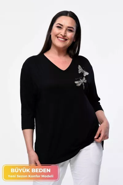 Plus Size New Season Comfortable Stretchy Model with Butterfly Embroidered Pattern, Half Sleeve, Mom's 4-Season Blouse
