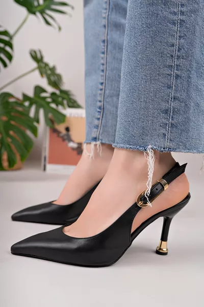 حذاء نسائي ستيلتو أنيق بكعب مدبب وحزام وتلي أسود
