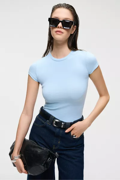 HOPEWELL Kadın Yuvarlak Yaka Örme Slim Fit Mavi T-Shirt