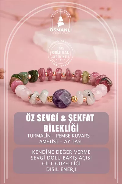 Zertifiziertes Armband für Selbstliebe & Mitgefühl mit Turmalin, Rosenquarz, Amethyst und Natursteinen, handgefertigt