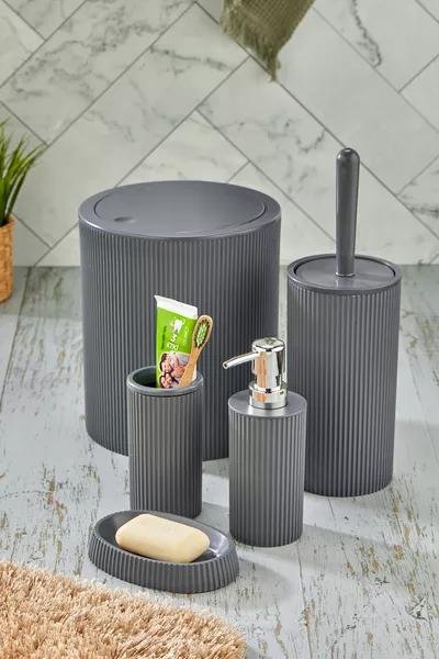 Set da bagno rotondo Linea 5 - Cestino WC spazzola distributore sapone liquido-solido porta spazzolini