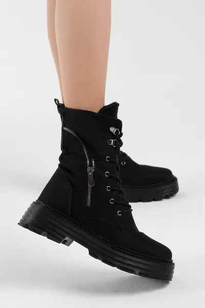 حذاء نسائي بأربطة، كعب مريح، تفاصيل سحّاب، قاعدة بولي سوداء من الجلد السويدي