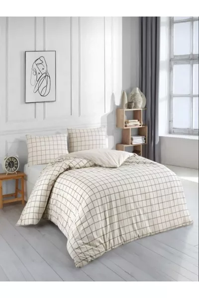 طقم غطاء سرير فردي بنقشة مربعات قهوة بالحليب من Uykulife (بدون شرشف)