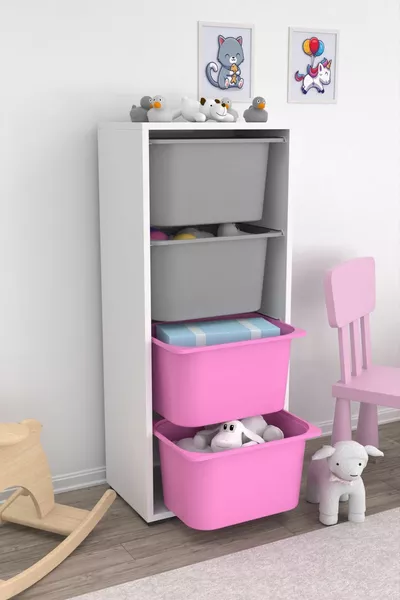 Cara 4 Tiefen Körbe Multifunktionaler Spielzeugschrank Küchenvorratsschrank Rosa-Grau