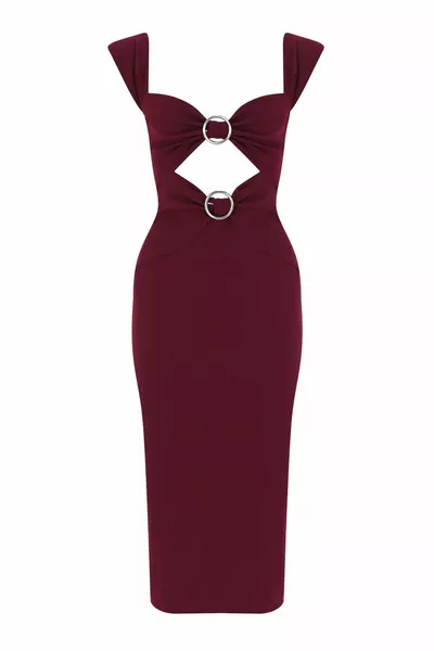 بورجوندي منخفضة الأكمام ميدي طول مساء اللباس مع البطن والصدر الدائري