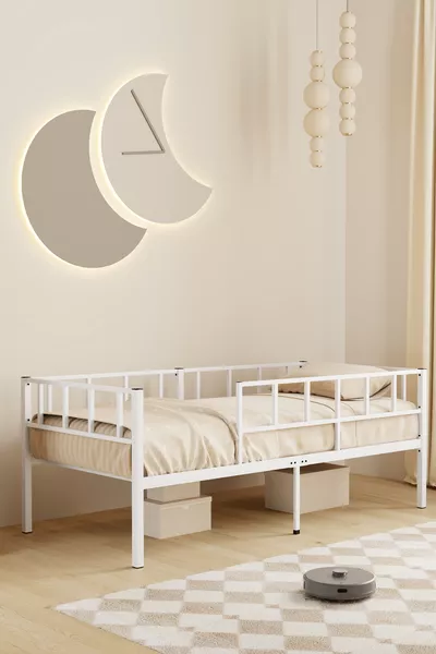 Lit de jour Zenit en métal blanc, lit avec barrière, options de taille