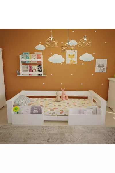 سرير فيغا مونتيسوري من MDF باللون الأبيض مع جيوب، مناسب للمرتبة مقاس M