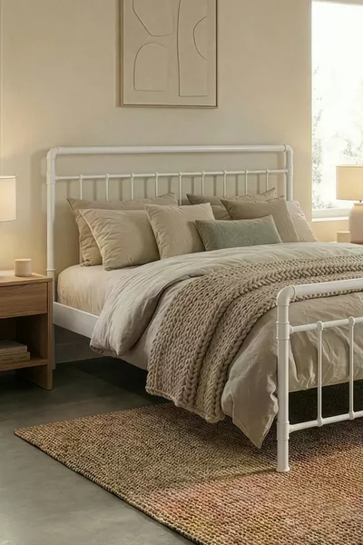 Odin Lit Double en Métal - Blanc (Lattes en Bois)