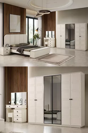 Ensemble de chambre à coucher moderne Vizyon avec banc bohème et 6 portes