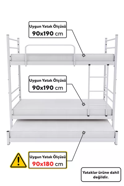 Trend Yavrulu Bunk Bed Compatible with Mattress, 3-Person White Metal Bunk Bed