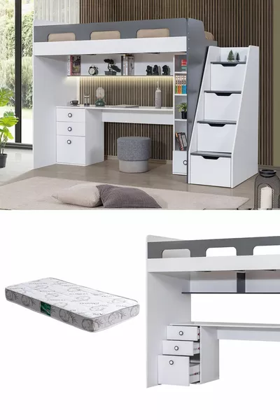 سرير بطابقين، سرير وطاولة ورف للكتب - أنثراسيت، مرتبة كومفورت واحدة