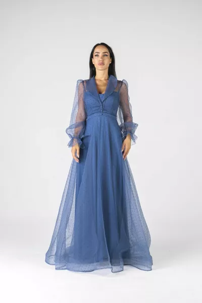 Robe de soirée indigo à paillettes à manches longues