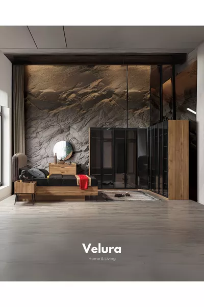 Спален комплект İzgi (Ъглов шкаф с стъклени врати + Скрин + Нощно шкафче + Легло)