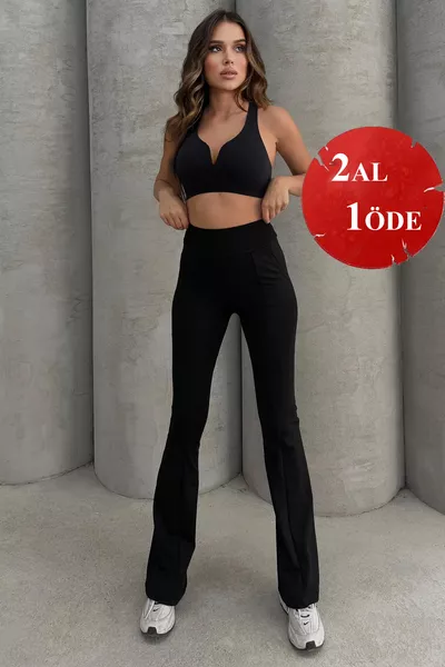 Kadın Siyah Yüksek Bel Toparlayıcı Çift Cepli İspanyol Paça Tayt Bootcut