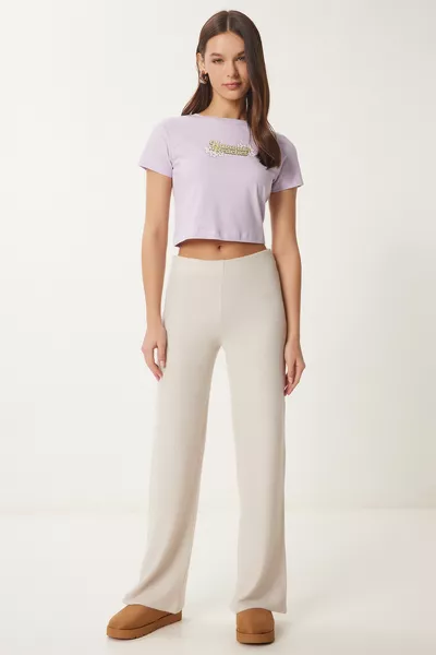 بنطلون واسع ومريح من القطن بلون البيج BEJ 