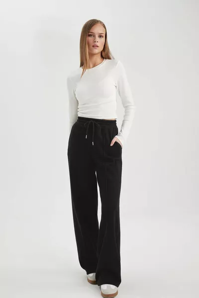 Straight Fit Beli Lastikli Cepli Uzun Boy Kalın Kumaş Düz Eşofman Altı wn