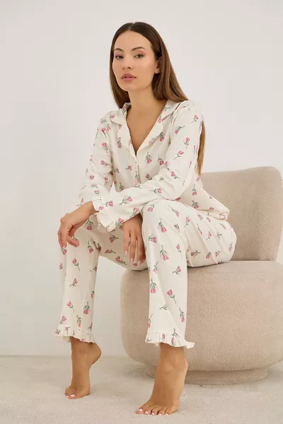 Ecru Tulip Print Brushed-Crepe Long Sleeve Buttoned Pajama Set 