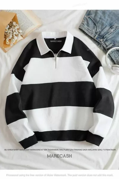 Siyah Beyaz Parçalı Renk Düz Yarım Fermuarlı Polo Yaka Sweatshirt Akmayan Kumaş