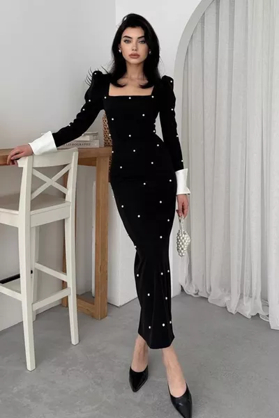 Damen Perlenbesetztes Atlasstoff Kleid mit quadratischem Ausschnitt und Manschettenärmeln, schwarz, Midi, 