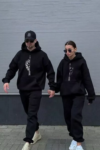 Aslan Çiftler Baskılı Normal Kalıpkapüşonlu Sevgili Çift Kombini