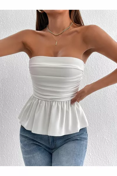 Önü Büzgülü Pile Detaylı Straplez Beyaz Bluz