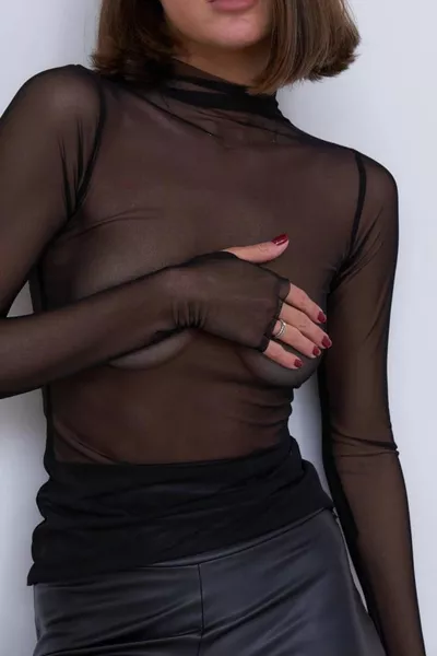 Zwarte Sexy Transparante Tule Body Blouse Coltrui Lange Mouwen Met Duimgat