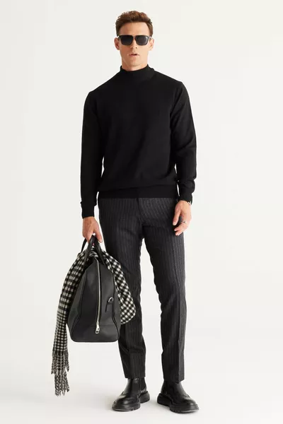 كنزة صوف قطنية للرجال، بلون أسود، بمقاس قياسي، قصة عادية وياقة نصف عالية