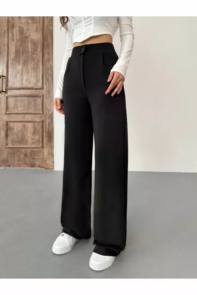 بنطال نسائي أسود بقصة باندو واسعة من الليكرا