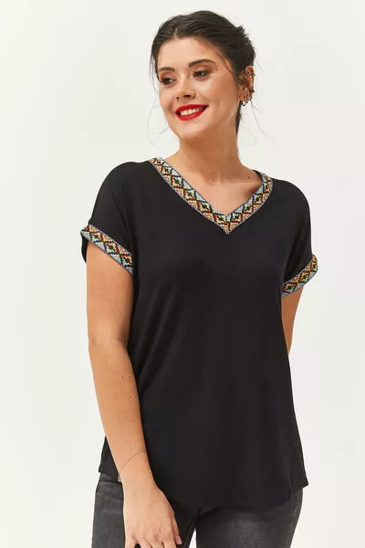 Women's Plus Size Blouse with Colored Embroidery on Sleeves and Collar