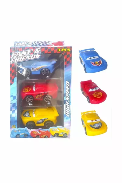 Set di 3 Macchinine a Spinta Saetta McQueen, Materiale di Qualità, 8 cm.