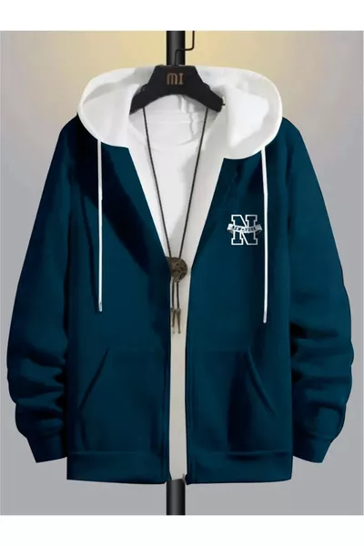 Men's Distressed Oil Blue New York Printed Hooded Zip-Up Cardigan