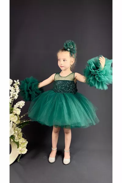 الشيفون غرو بومبوم الأكمام الترتر الفتيات رقيق تنورة توتو مساء اللباس الأخضر