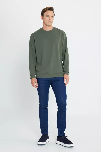 Men's Khaki 2-Ply Textured Warm Standard Fit Regular Cut Crew Neck Sweatshirt