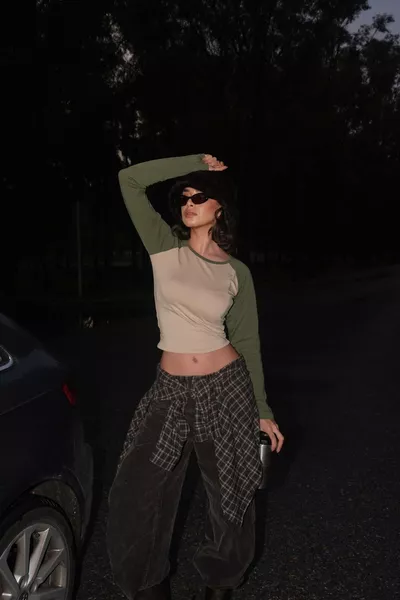 Haki Raglan Kollu Kahverengi Basic Uzun Kollu Crop