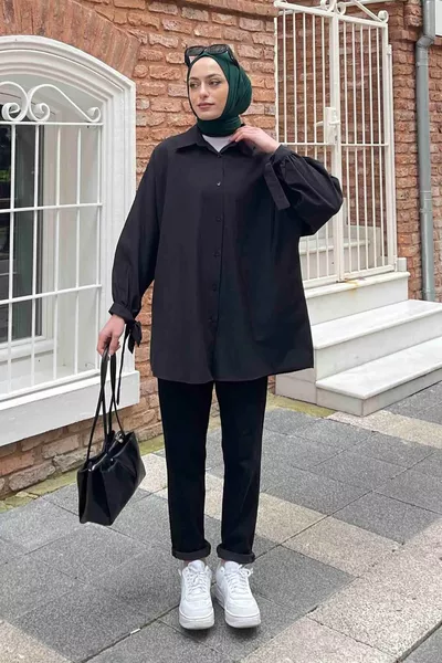 Shirt with Sleeve Detail Oversized Shirt Black