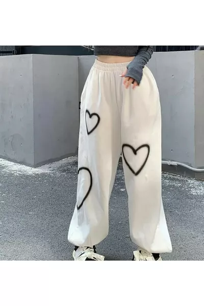 Pantaloni da donna Harajuku Heart stampati cuore oversize con vita regolabile