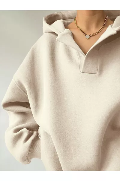 Sweat-shirt oversize unisexe à capuche et col en V avec manches imprimées