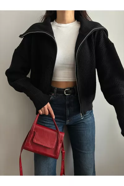 Women's Black Slouchy Collar Zip-Up Knit Cardigan