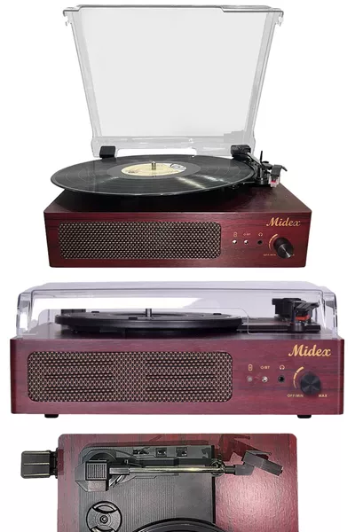  Nostalgic Turntable Record Player (RECHARGEABLE WITH BLUETOOTH AUX SPEAKERS, 3 SPEEDS) Needle Included
