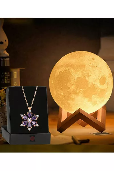 مصباح ليلي بشكل قمر ثلاثي الأبعاد مع حامل، كرة زخرفية LED وحجر الجمشت على شكل زهرة لوتس وكاميليا للقلادة