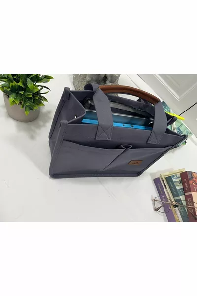 Women's Canvas Fabric Gray Color Two-Pocket Tote Bag Hand and Shoulder Bag