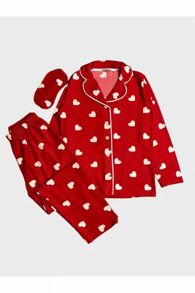 Girls' Cotton Suede Red Heart Pattern Shirt Collar Sleep Mask Buttoned Long Sleeve Pajama Set